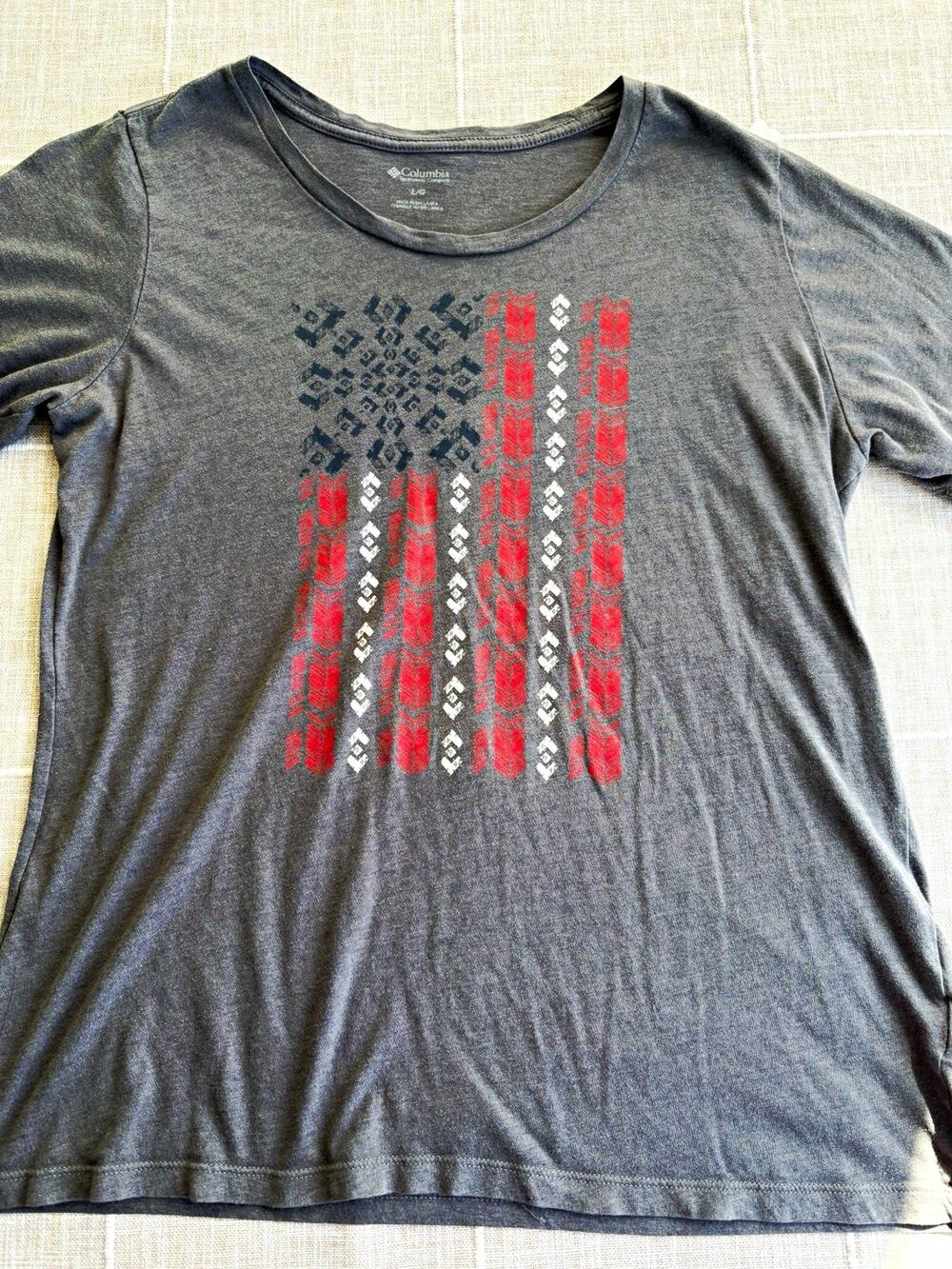 Columbia Gray American Flag Graphic Crew Neck Short Sleeve Jersey Tee L